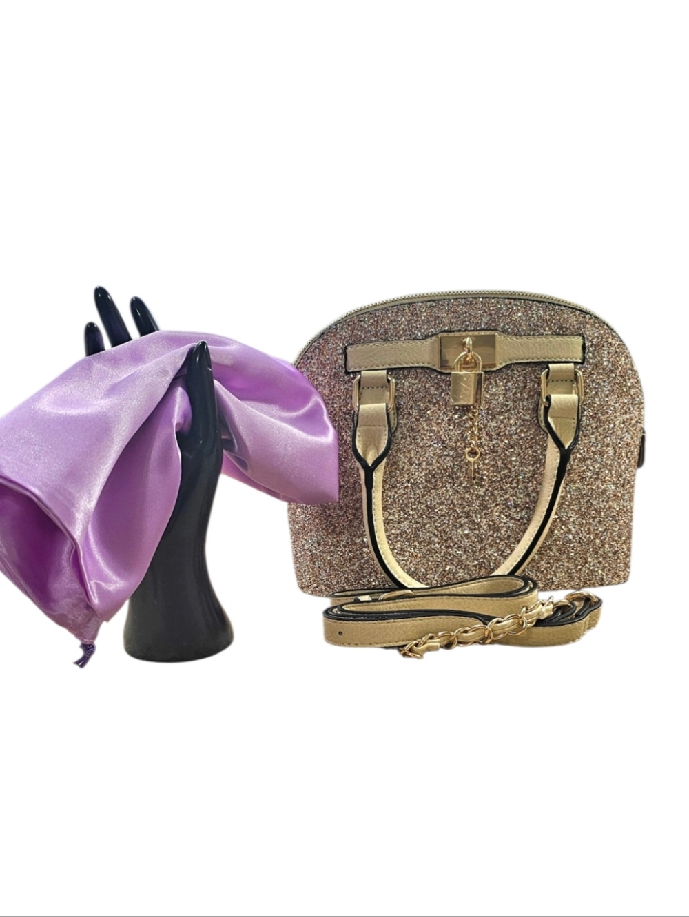 ALDO Champagne Glitter Dome Satchel Lock & Key Crossbody NWT Gift Ready - Picture 3 of 11